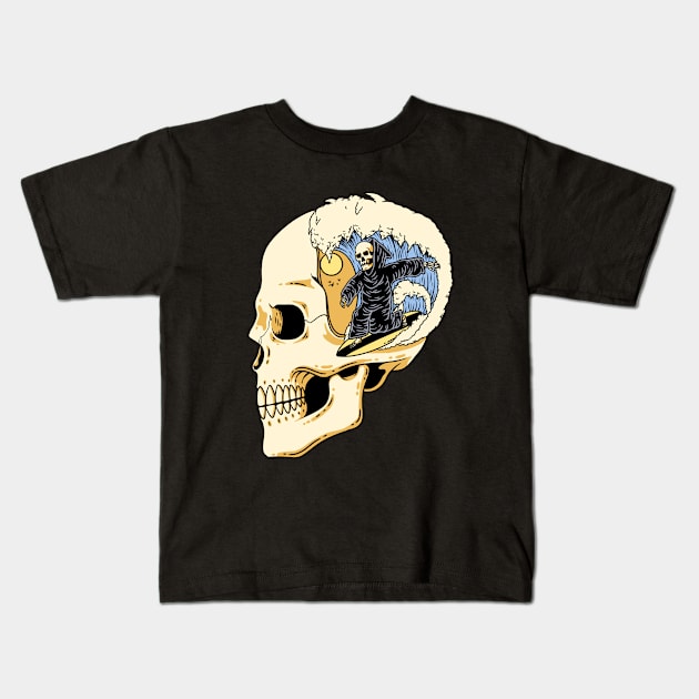 Surfing on the Skull Head Kids T-Shirt by schopixai